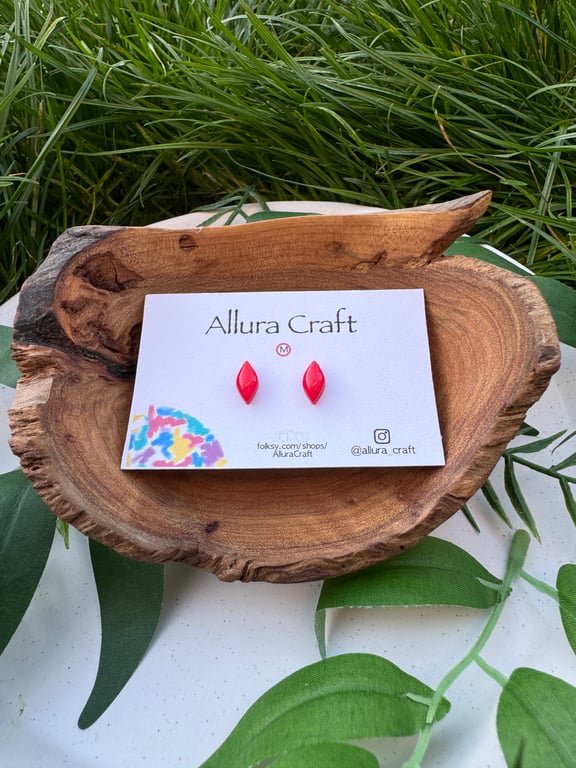 Glossy Red Navette Studs - Micro
