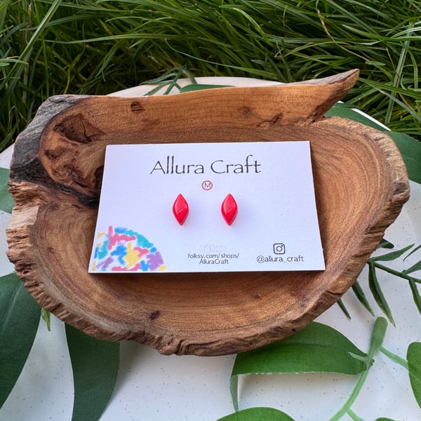 Glossy Red Navette Studs - Micro
