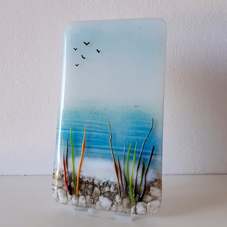 Fused glass mini seascape panel, seaside beach scene, No 3