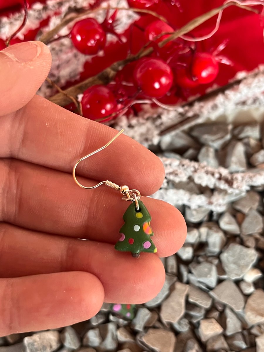 Christmas tree dangle earrings, polymer clay e... - Folksy