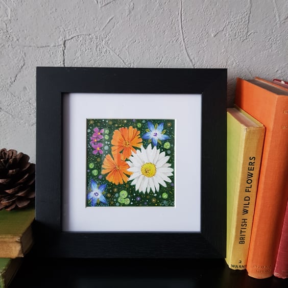 Garden Flowers calendula, borage and daisy, framed original art 