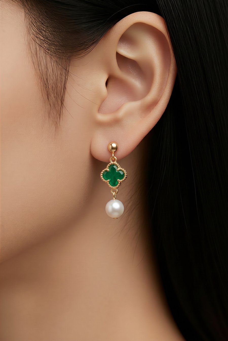 Freshwater Pearl and Four Leaf Clover Gold Plated Earrings