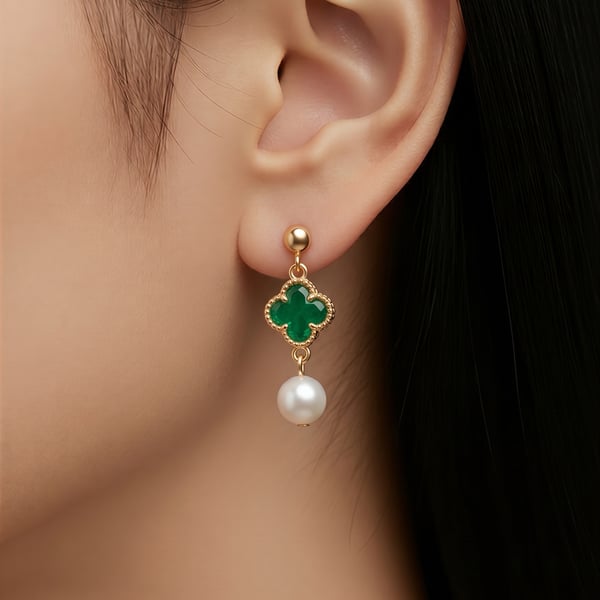 Freshwater Pearl and Four Leaf Clover Gold Plated Earrings