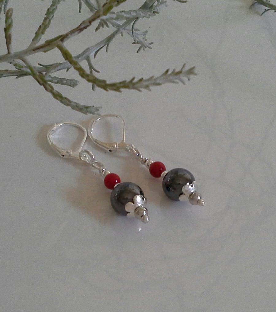 Heamotite & Red Eco Coral Leaver Back Silver Plated Earrings