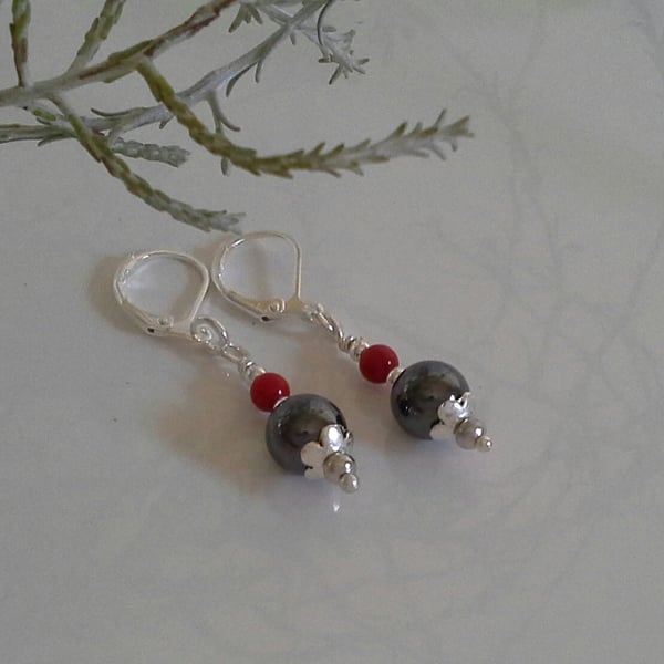 Dainty, Heamotite & Red Eco Coral Leaver Back Silver Plated Earrings
