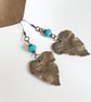 Bohemian brass leaf earrings with aqua blue Czech glass beads - Image 1