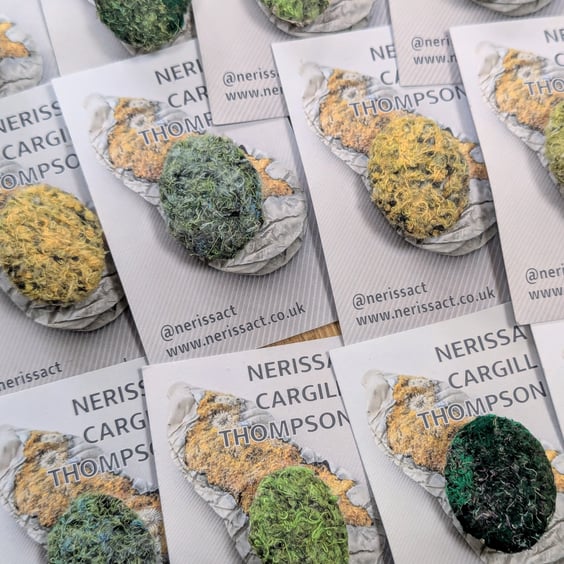 Oval Abstract Embellished Recycled Textile mini button Brooches 