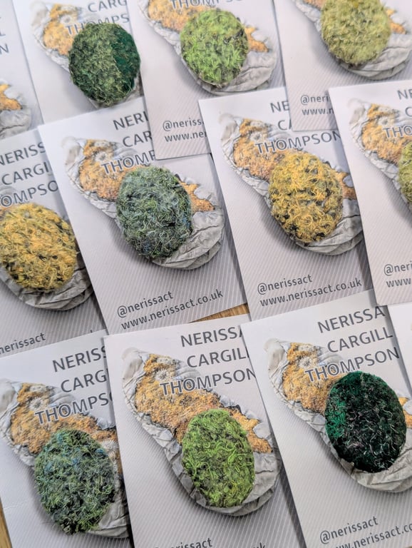 Oval Abstract Embellished Recycled Textile mini button Brooches 