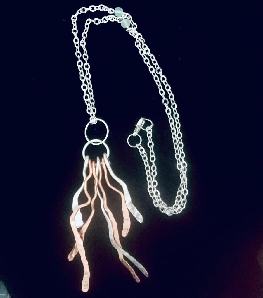 Designed & Handcrafted Copper & Silver Plated Dangle Pendant - 18” SP Chain 