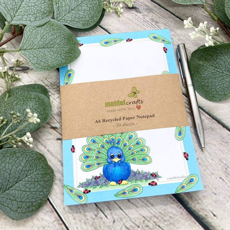 Notepad - A6 Recycled Paper Notepad - Peacock & Friends 