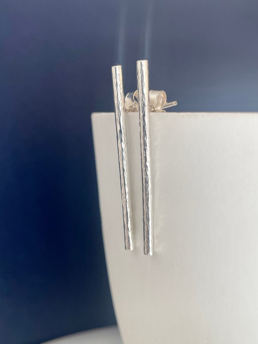Sterling Silver Drop Bar Ear Stud Earrings - Hammered-Sparkly Handmade