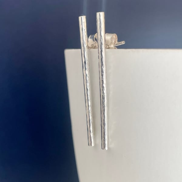 Sterling Silver Drop Bar Ear Stud Earrings - Hammered-Sparkly Handmade