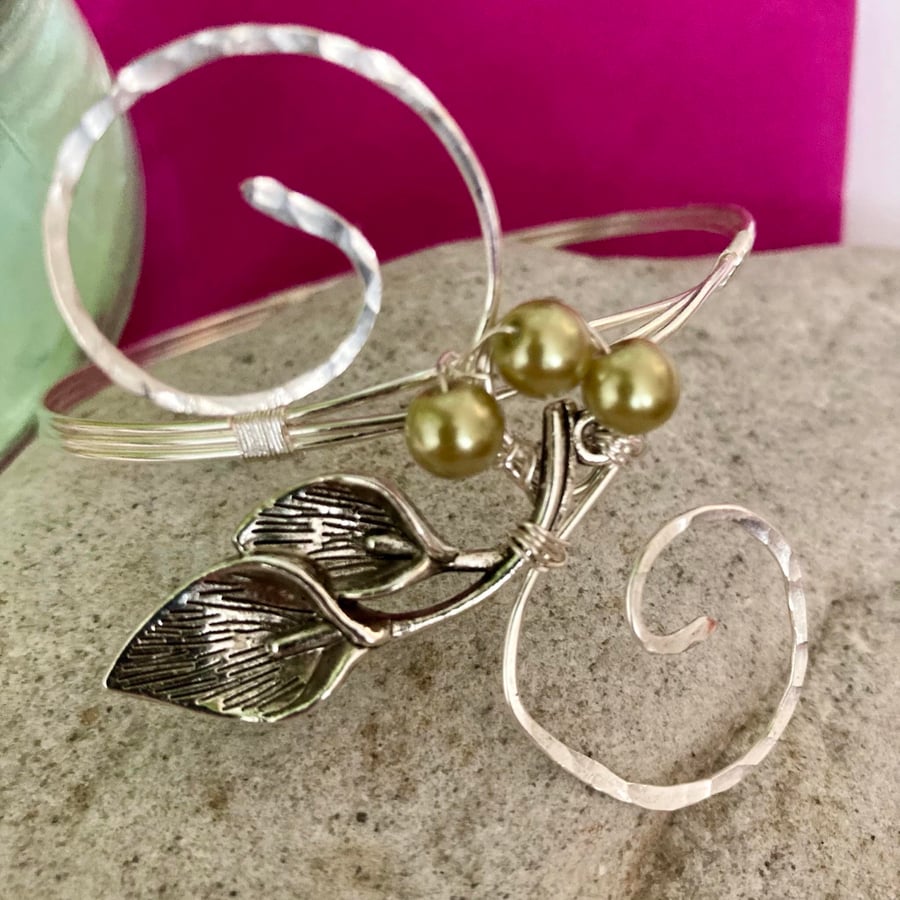 Silver Bangle, Beautiful Statement Silver Flower with Sage Glass Pearls