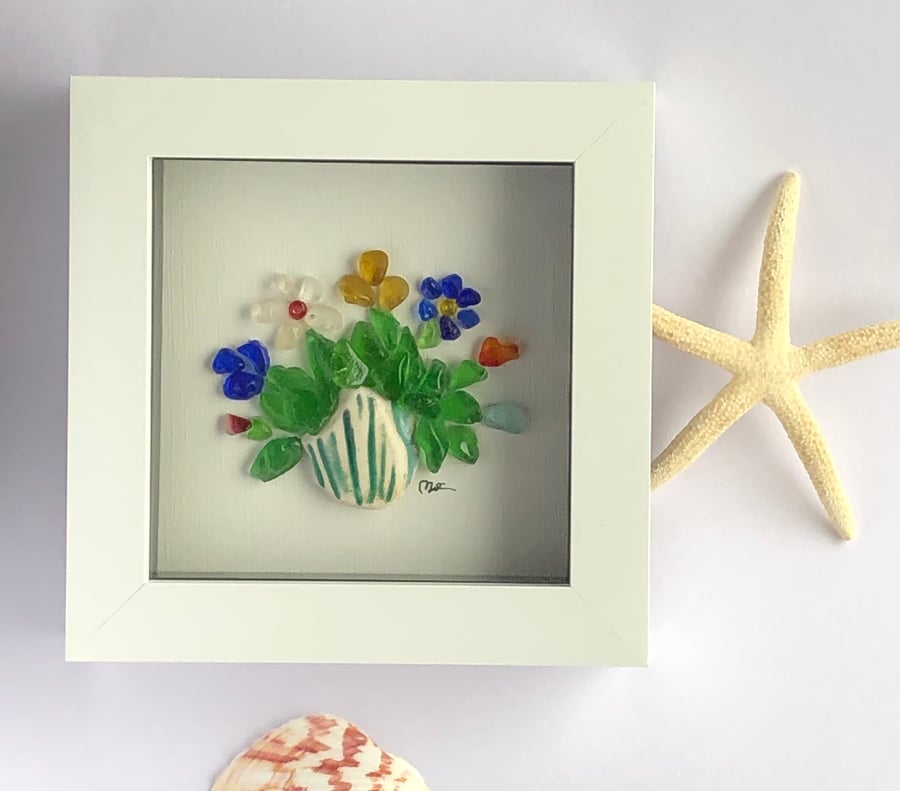 Colourful Sea glass Flowers in Vase. Handmade. Unique Gift for any occasion