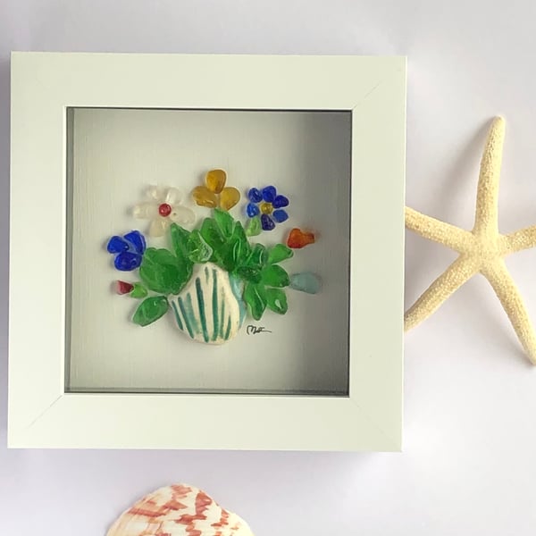 Colourful Sea glass Flowers in Vase. Handmade. Unique Gift for any occasion