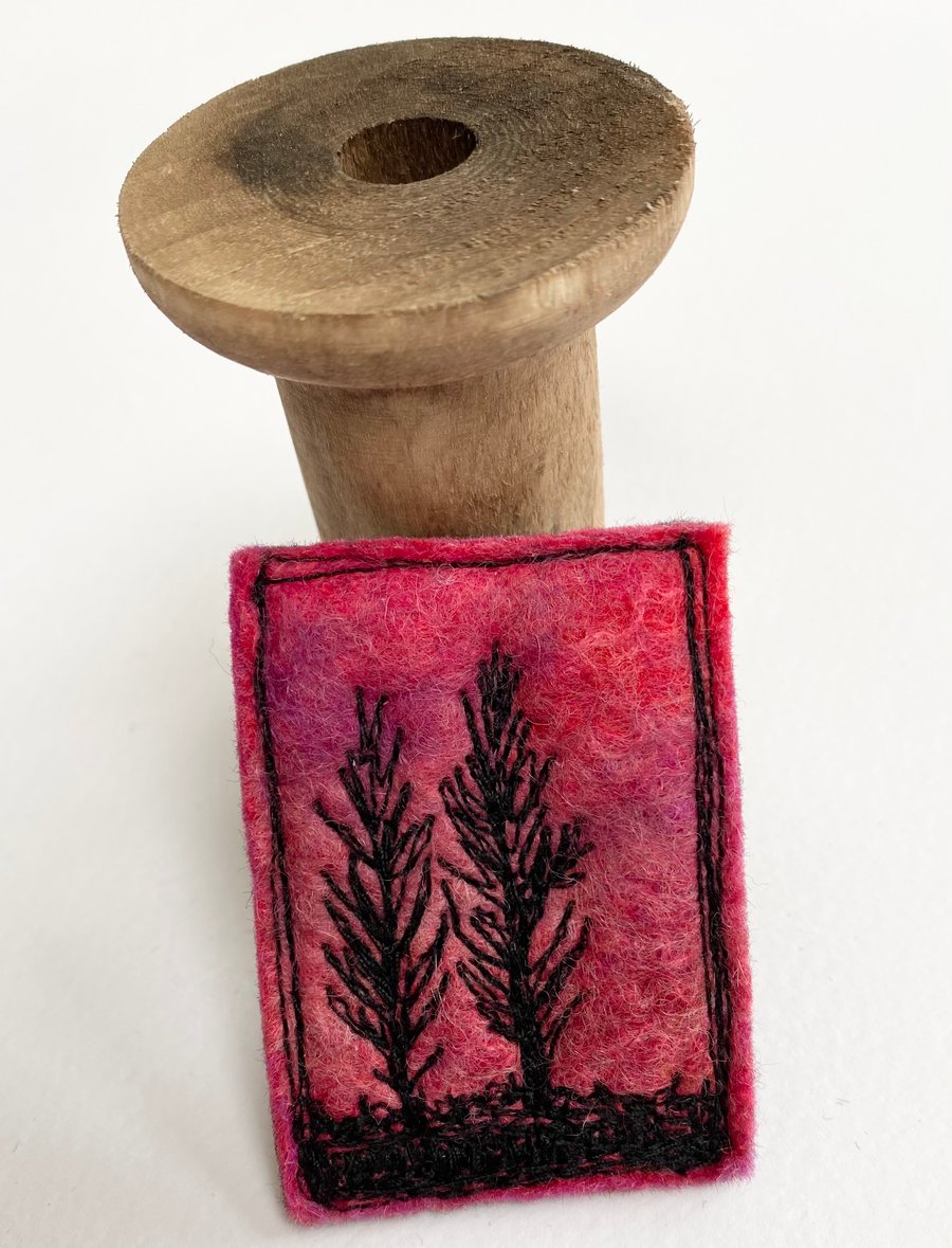 Upcycled tree sunrise brooch pin or badge. 