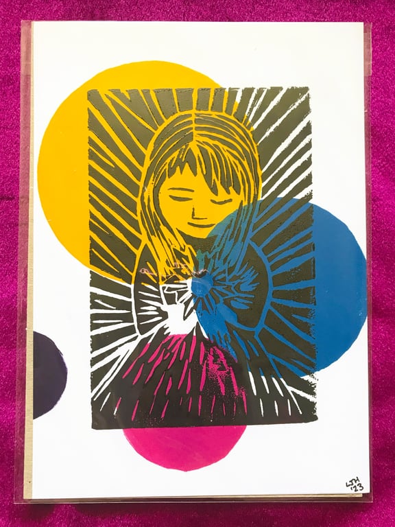 Bubble Girl - Heart of light A5 lino print