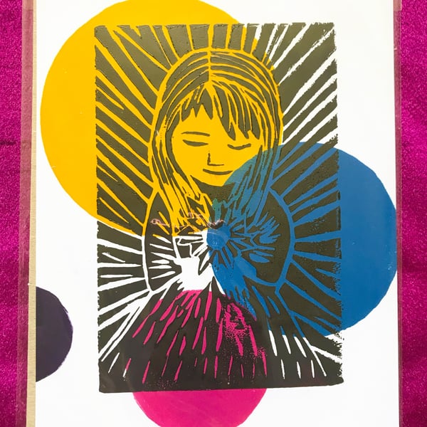 Bubble Girl - Heart of light A5 lino print
