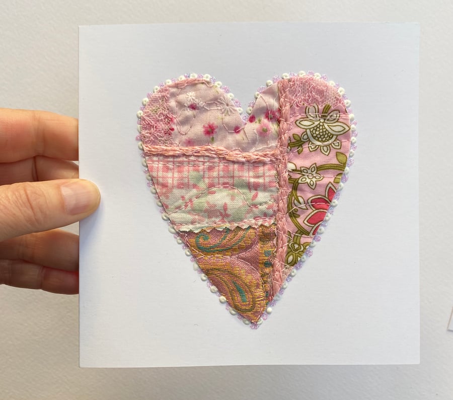 Up-cycled handmade fabric embroidered heart card. 
