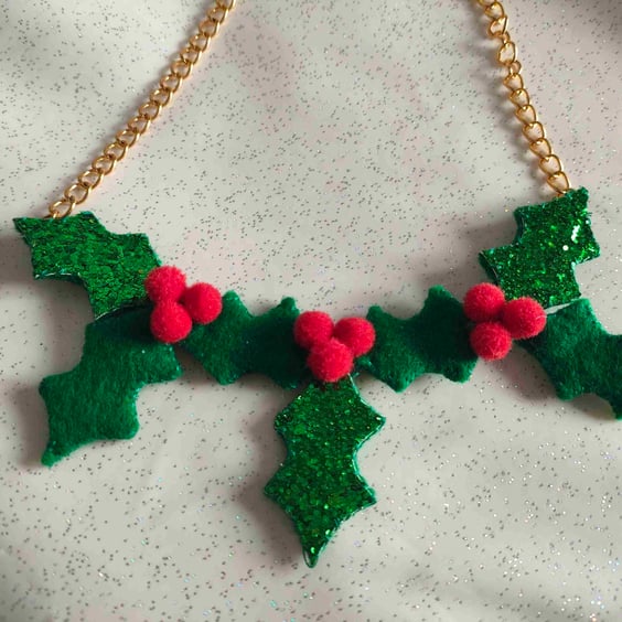 Handmade felt holly necklace