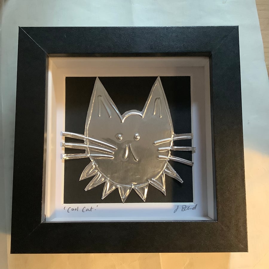 Cool cat. Embossed silver. Framed unique art. Cat lover.