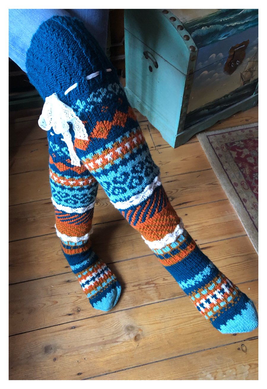 Hand knitted over the knee Fairisle socks