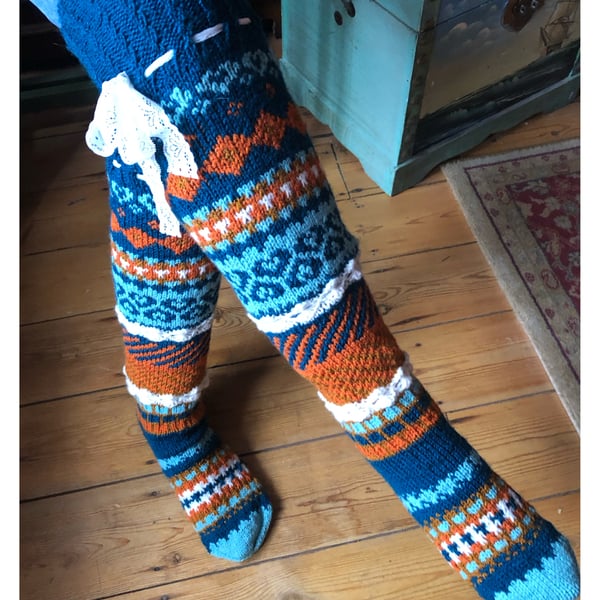 Hand knitted over the knee Fairisle socks