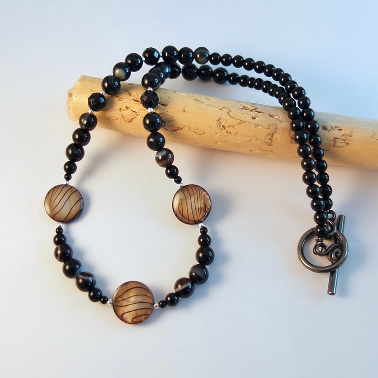 Onyx Beaded Necklace With Shell Coins, Birthday, Anniversary, Gifts For Her