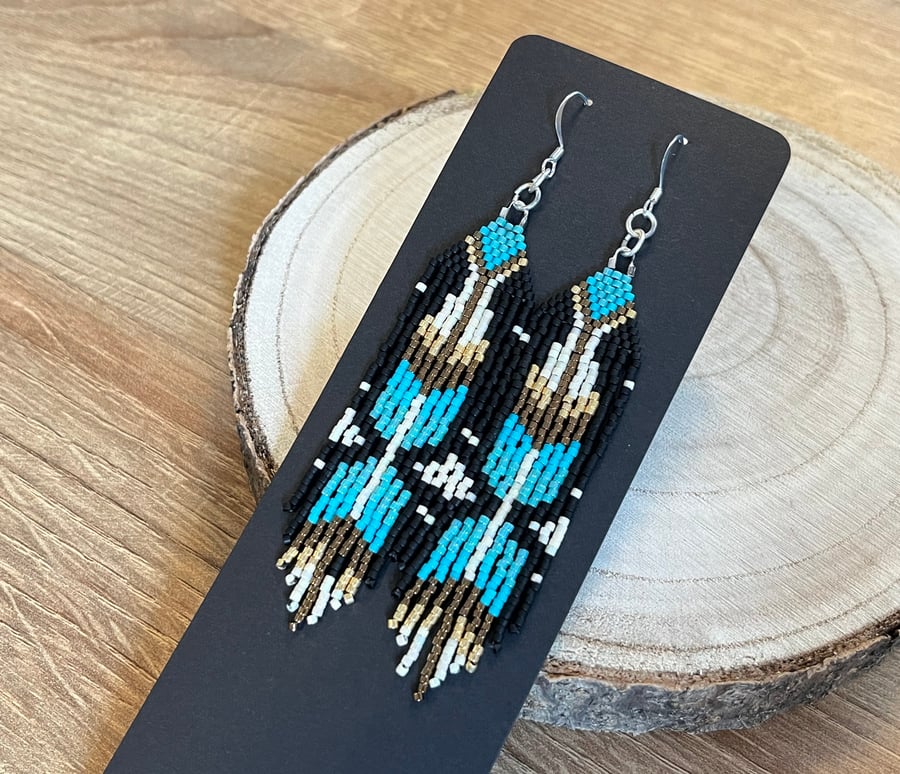 Native American blue feather beadwork fringe earrings