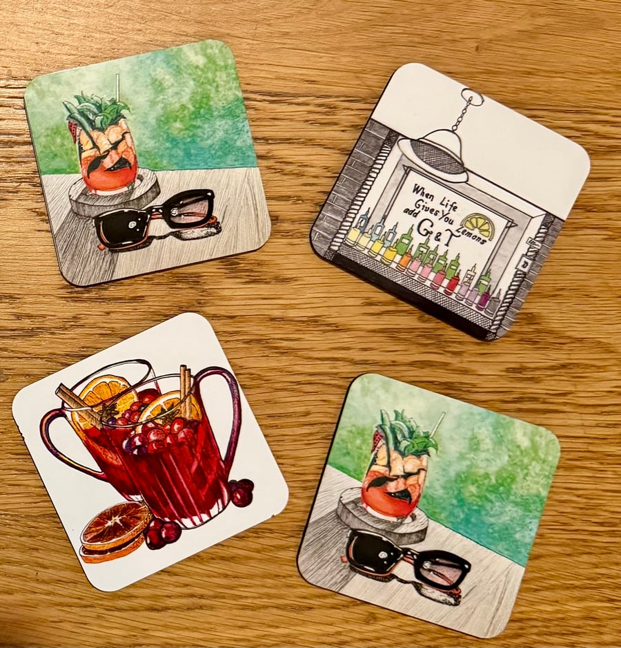 Square drinks coasters based on hand-drawn art: cocktails, butterflies & dinos
