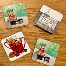 Square drinks coasters based on hand-drawn art: cocktails, butterflies & dinos