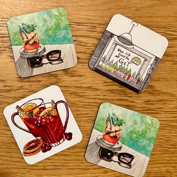 Square drinks coasters based on hand-drawn art: cocktails, butterflies & dinos