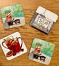 Square drinks coasters based on hand-drawn art: cocktails, butterflies & dinos