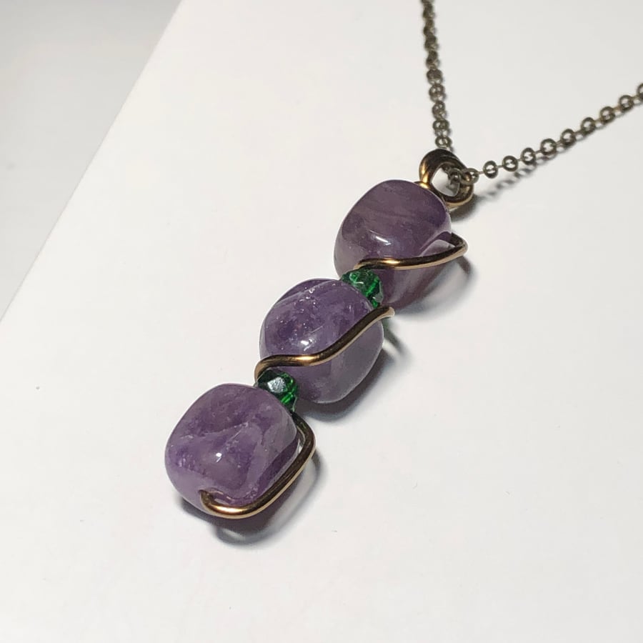 Amethyst and Emerald wire twist necklace