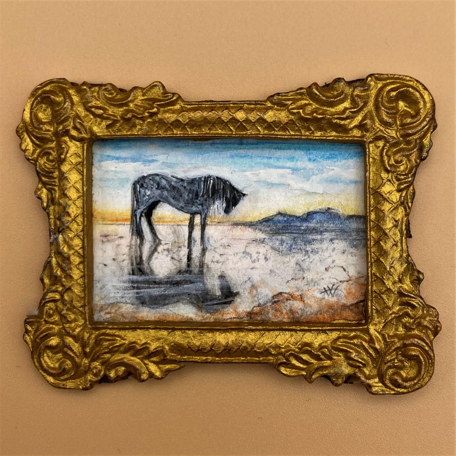 Landscape with Horse on a Beach at Sunset. Tiny original Miniature Painting 