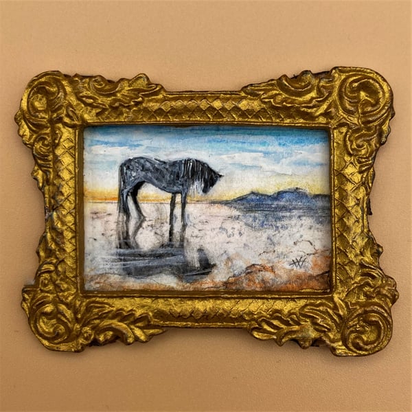 Tiny Miniature Painting, Doll house scale, Landscape, Horse on Beach, Sunset