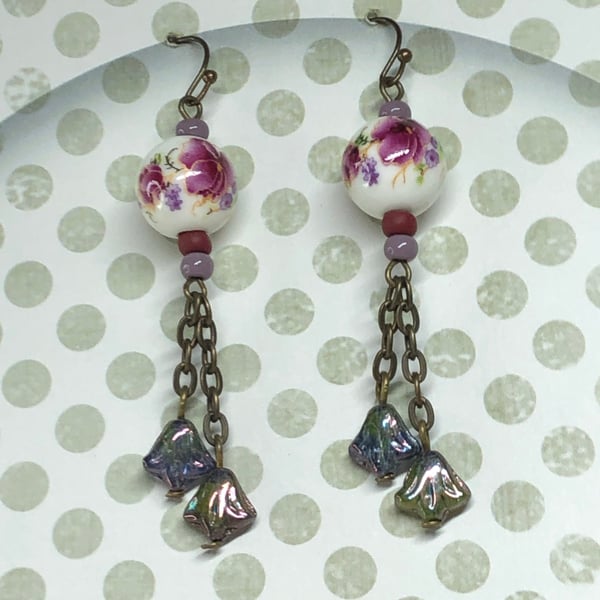 Rose printed porcelain dangle earrings