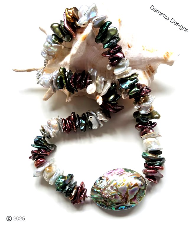 Keshi Freshwater Cultured Pearl, & Abolone Shell Pearl Necklace 
