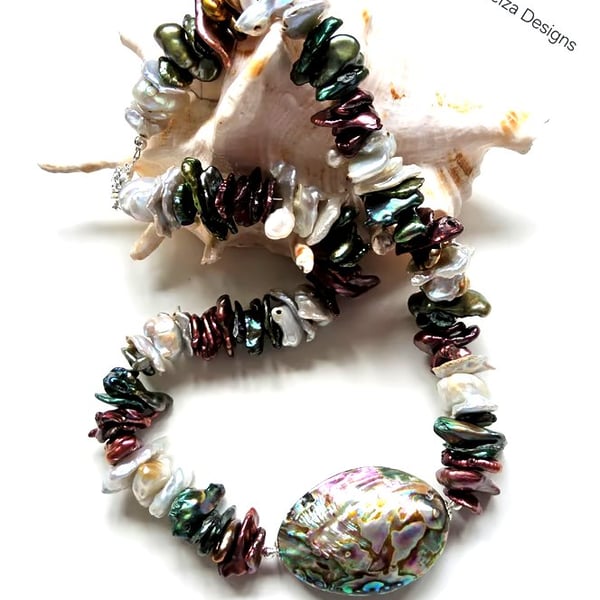 Keshi Freshwater Cultured Pearl, & Abolone Shell Pearl Necklace 