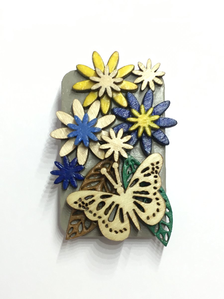 Butterfly in the garden - hand painted laser cut wood brooch