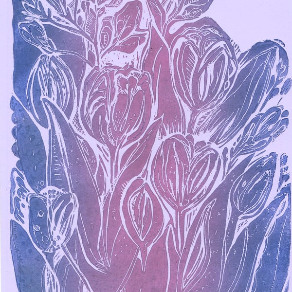Tulip Linocut Print A4 . Pink & Purple Original Art