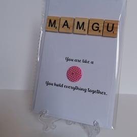 Mamgu You're like a button Scrabble greetings card Welsh