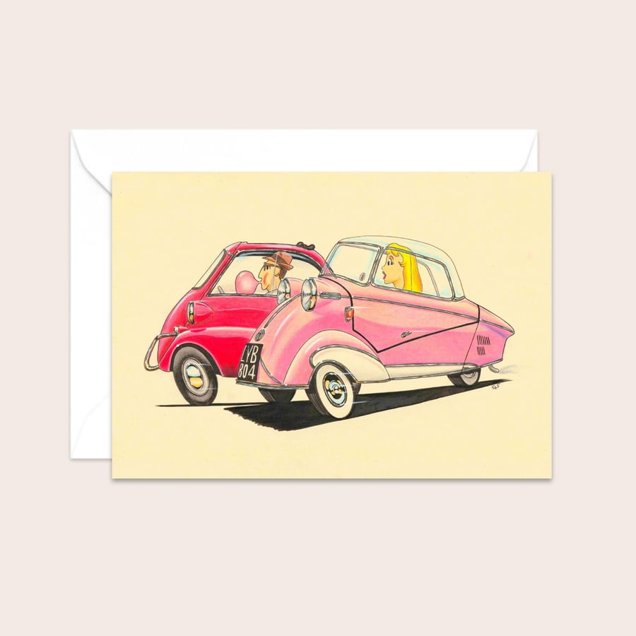 Fifties Bubble Cars Greeting Card: Hand Drawn Illustration (318)