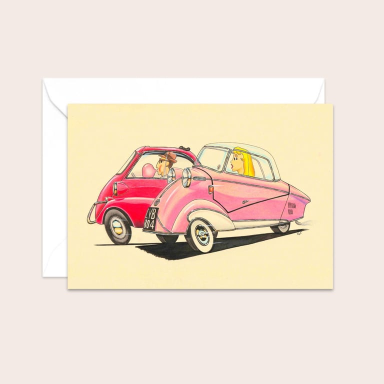Fifties Bubble Cars Greeting Card: Hand Drawn Illustration (318)