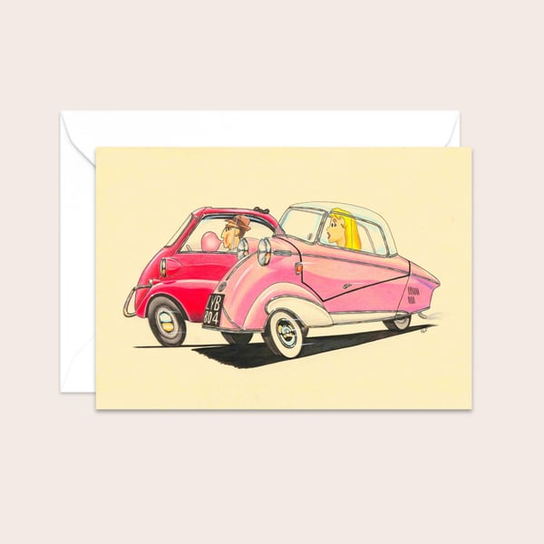 Fifties Bubble Cars Greeting Card: Hand Drawn Illustration (318)