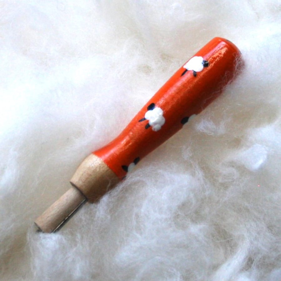  Hand painted orange sheep wooden needle grip tool for needle felting 