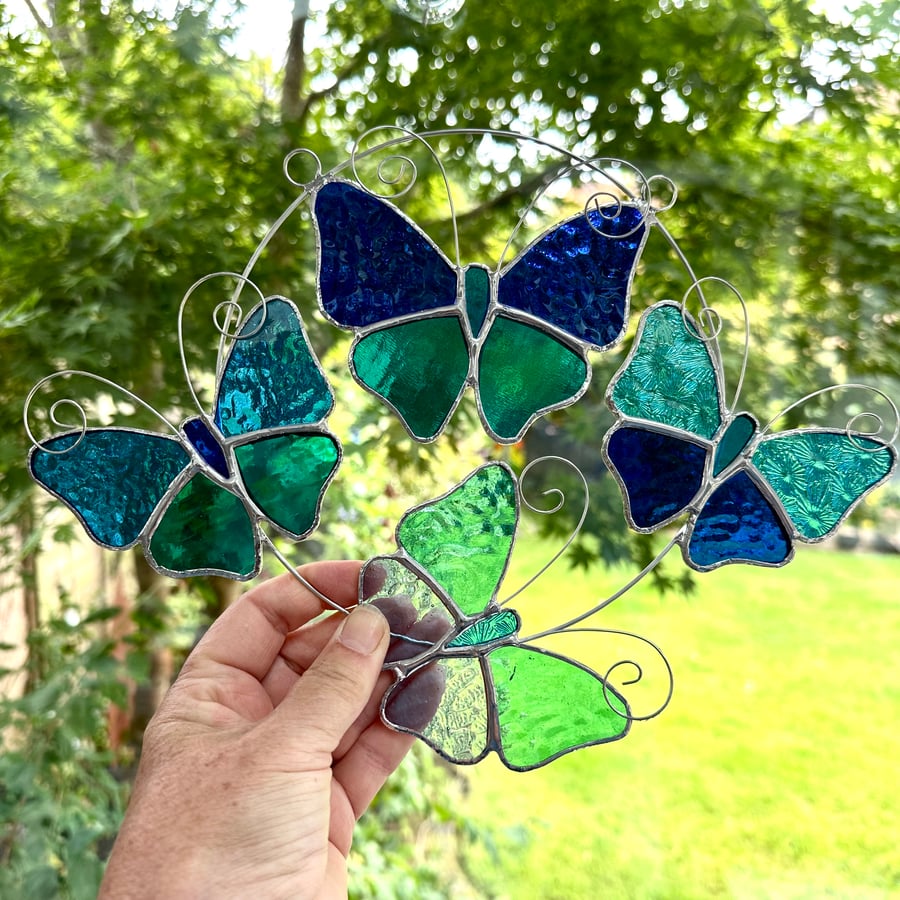 Stained Glass Butterfly Ring - Handmade Hanging Decoration - Blue 