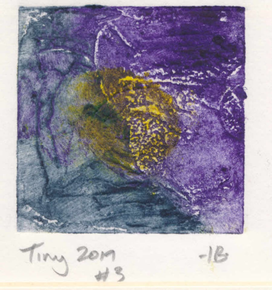 Tiny collagraph print 2019 series in grey, yellow and purple