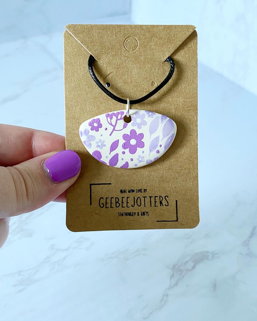 Unusual Shape Purple Flower Print Hand Painted Ceramic Pendant Necklace
