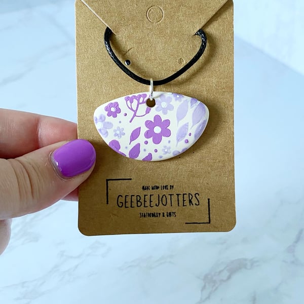 Unusual Shape Purple Flower Print Hand Painted Ceramic Pendant Necklace